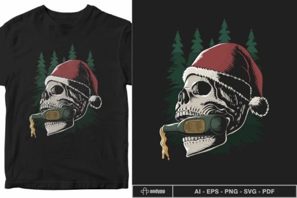 Skull Biting Beer Bottle: A Bold Graphic for Christmas